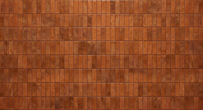 High angle view of a dark orange ceramic tile wall texture background with small vertical brick shapes and variations in shading.