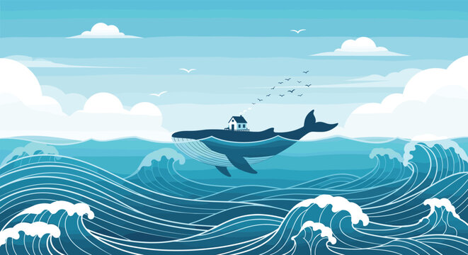 Dreamy surreal illustration of giant blue whale carrying small house on its back through stormy ocean waves.