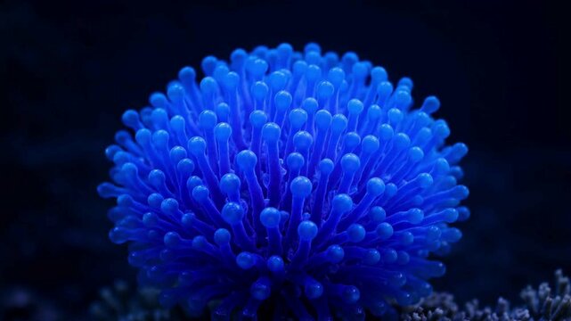Bioluminescent blue sea anemone in deep ocean, glowing underwater coral reef organism, vibrant marine life macro photography