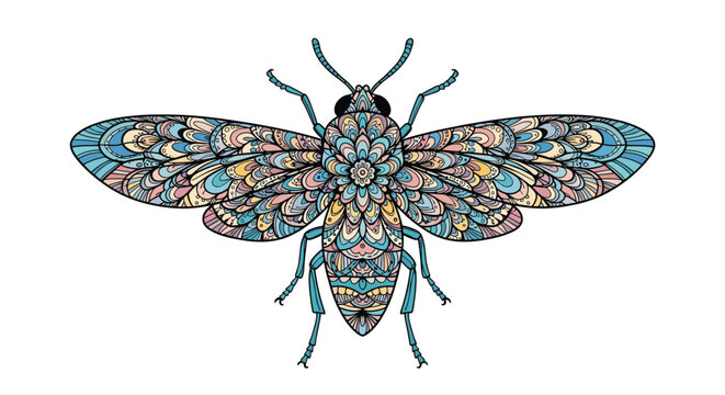 Intricate colorful illustration of beetle insect featuring beautiful detailed mandala and floral patterns on wings.