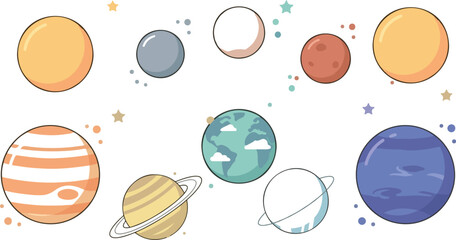 Solar system planets vector set with sun moon earth mars jupiter saturn and colorful stars isolated on white background. © Mousumi