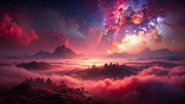 Shadowy ruby cosmic fog drifting horizontally through a dark ambient space with faint glowing depth