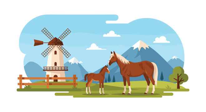 Colorful vector illustration of a mare and her young foal standing in a green meadow with a windmill and snowy mountains in the background.