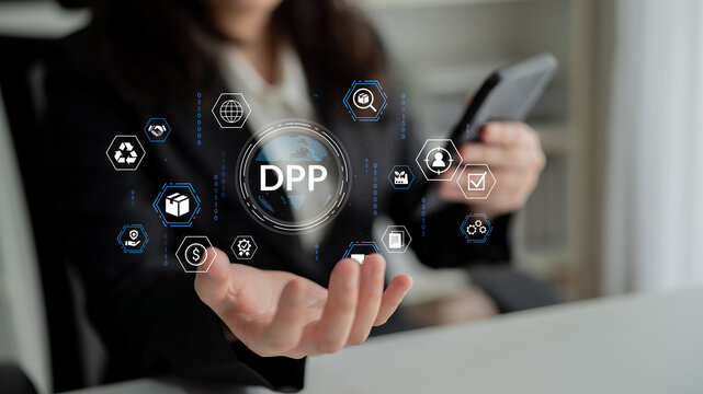 Business professional interacting with digital icons representing data processing platforms and technology in modern office setting. Entropy.