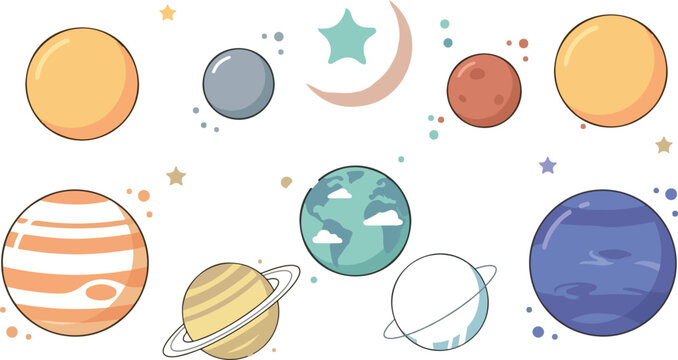 Solar system planets vector set with sun moon earth mars jupiter saturn and colorful stars isolated on white background.