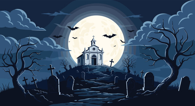 Spooky graveyard scene at night with a church on a hill under a large full moon with bats flying and twisted dead trees.