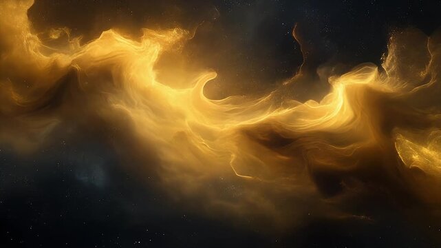 Shadowy cosmic void filled with golden mist flowing like silk in smooth atmospheric motion and depth