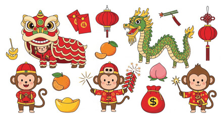 Fototapeta premium Chinese New Year vector clipart set with cute cartoon monkey characters lion dance and traditional festival elements