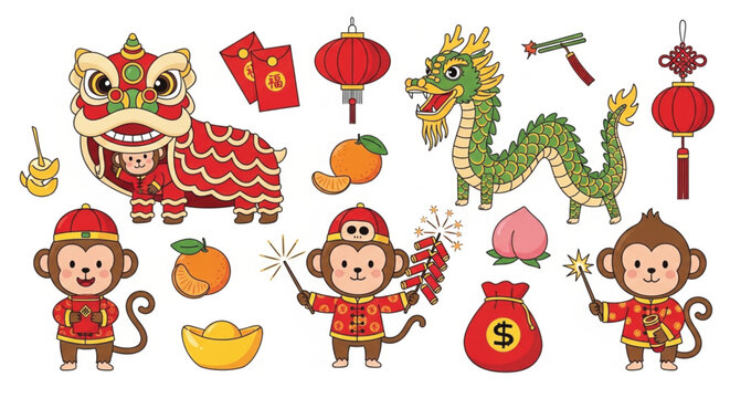 Chinese New Year vector clipart set with cute cartoon monkey characters lion dance and traditional festival elements