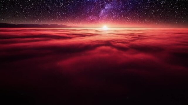 Muted burgundy fog flowing across a dark cosmic scene with faint luminous highlights and smooth depth