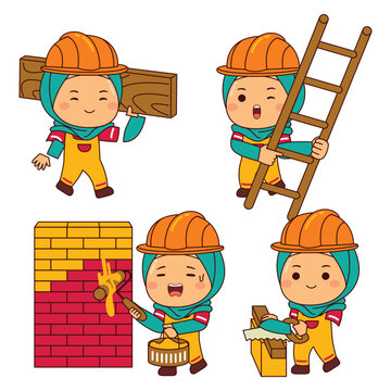 cute builder girl hijab cartoon character vector illustration