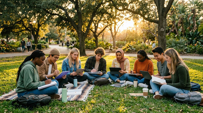 Diverse university students enjoying a productive outdoor study session, collaborating on assignments amidst the warm sunlight in a serene park