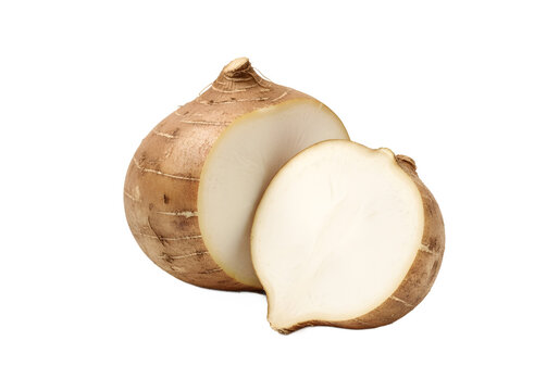 Fresh Whole and Halved Jicama Root Vegetable on Transparent Background