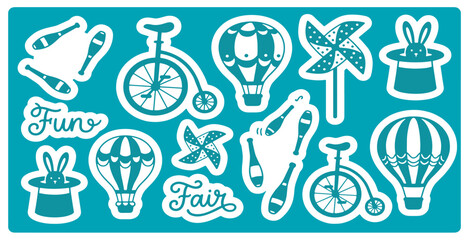 Fun fair circus elements stickers set with hot air balloons, unicycles, juggling pins, magic hats, and pinwheels. © Riki