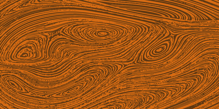 A closeup of a natural brown wood texture background shows the macro pattern of a round timber log surface with a textured tree ring design on a cut stump board