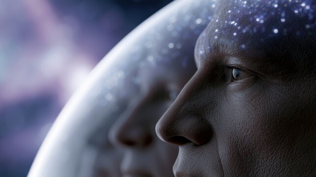 surreal artwork humans in a glass terrarium float in space, observed by calm aliens with a cosmic background retro-futuristic and symbolic