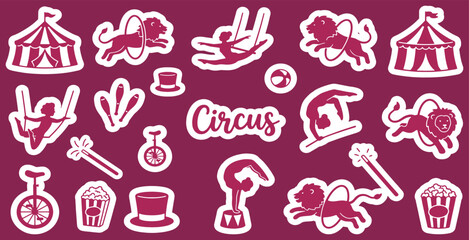 Set of circus themed stickers with various elements like tents, animals, performers, and props, perfect for fun designs. © Riki