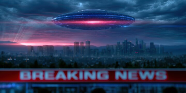 alien invasion, fake news-style web banner shows ufo over city skyline during live broadcast with emergency newsroom aesthetics and detailed night scene