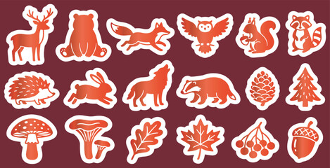 Fototapeta premium Set of forest animals and plants in a stylized orange silhouette sticker collection.