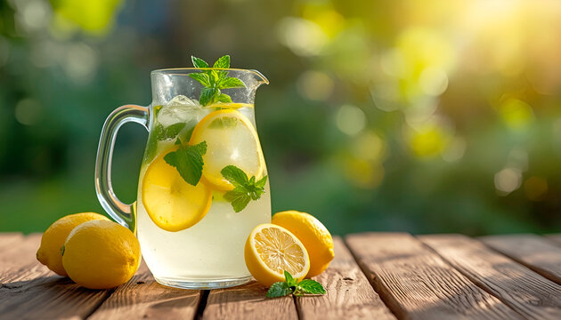 A glass pitcher of cold lemonade with ice, fresh lemon wedges and sprigs of aromatic mint sits on a wooden table on a summer day.