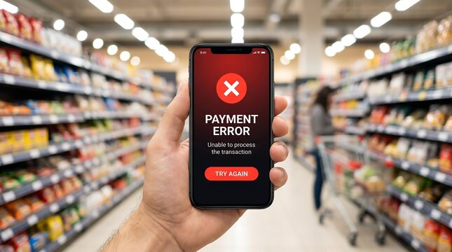Smartphone displays "Payment Error" message during grocery shopping, highlighting transaction failure and digital payment issues in a retail environment.