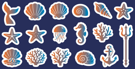 Oceanic stickers set with various sea creatures and marine elements in a gradient design. © Riki