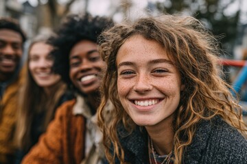 Obraz premium Group of diverse young adults with curly hair and freckles smiling together outdoors, sitting on a bench in a park with trees and blurred background