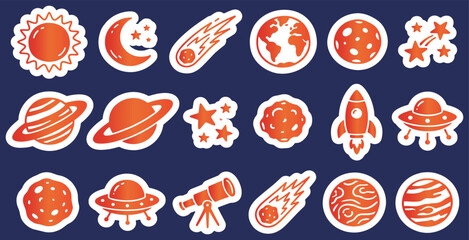 Collection of orange space-themed stickers on a dark blue background, featuring planets, stars, rockets, and other celestial objects. © Riki