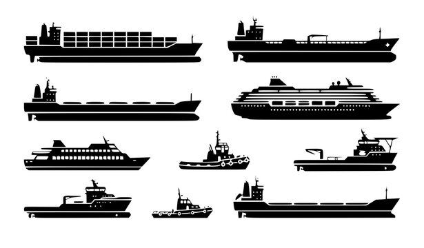 Professional Commercial Sea Vessel Silhouette Vector Collection for Maritime Shipping