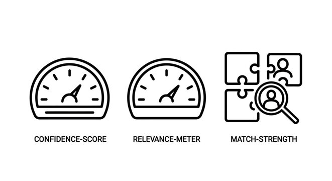 Data analytics and performance measurement gauge icons with confidence relevance strength analytics measurement performance analysis evaluation accuracy business intelligence comparison