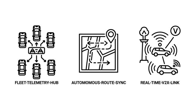 Autonomous vehicle fleet telemetry and v2x communication icons with autonomous telemetry communication navigation transport technology connected location wireless automatic automation