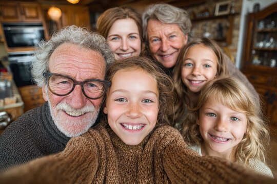 Group of five family members, including grandparents and children, smiling together for a selfie in a cozy wooden interior with warm lighting and rustic decor