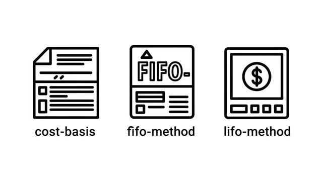 Accounting and inventory management method icons set with accounting inventory business document calculation management financial commerce corporate monetary valuation taxation strategy