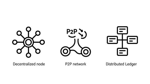 Decentralized network and distributed ledger technology icons with decentralized blockchain technology connection distributed infrastructure information database structure abstract internet