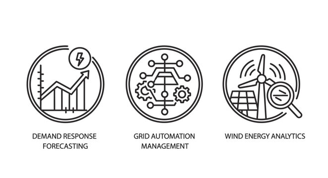 Renewable energy and smart grid management system icons with automation analytics renewable management electric turbines analysis technology industry infrastructure sustainable generation