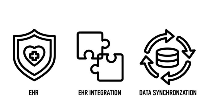 Electronic health record integration and data synchronization concept icons set with integration synchronization information healthcare security connected database transfer software hospital