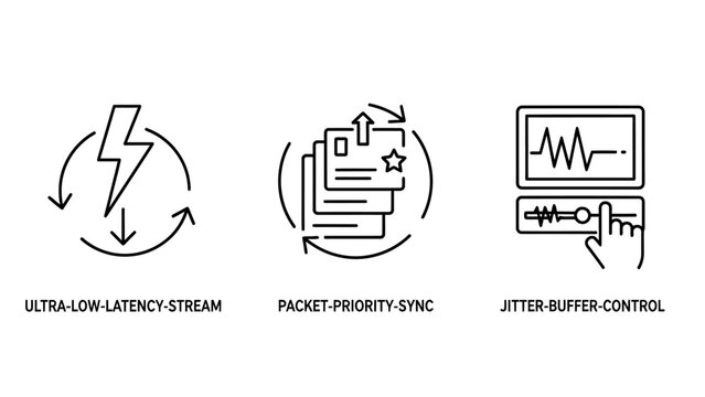 Network data transmission technology icons latency sync and control with connection internet technology transmission performance realtime monitoring communication bandwidth management