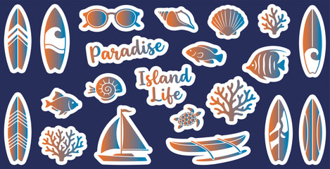 Summer paradise island life stickers set with surfboard, sailboat, fish, and coral reef elements. © Riki