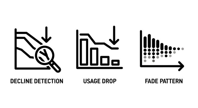 Vector line icons representing analytical trends and data decline with analysis statistics business decrease negative magnifier infographic economics performance indicator representation