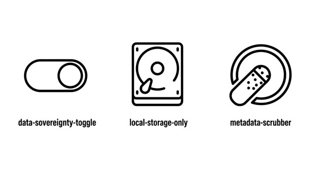 Set of digital data management and privacy protection icons with metadata security protection harddrive scrubber settings technology interface development information software computing