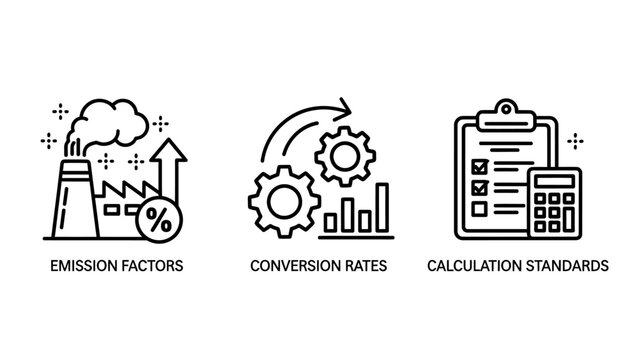 Industrial and scientific process icons for emission and calculations with emission conversion calculation standard industry pollution manufacturing clipboard calculator checklist business