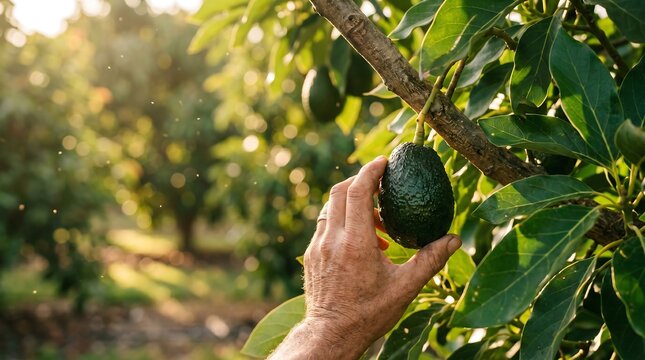 Farmer hand picking ripe avocado from tree in organic orchard