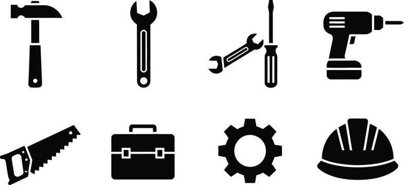 Tools Flat Vector Set with Hammer, Wrench, Screwdriver, Saw, Drill, Spanner, Toolbox and Hard Hat Icons