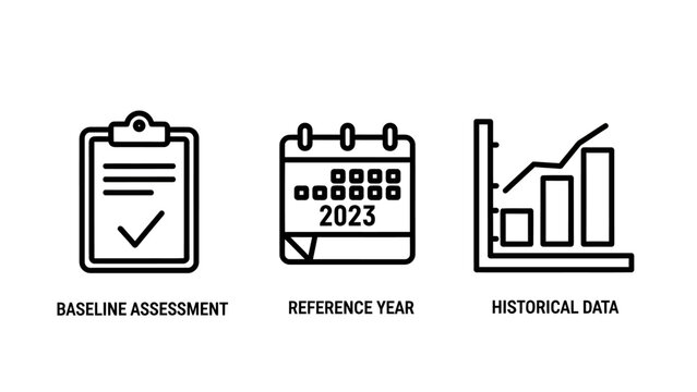 Data analytics icons showing baseline assessment reference year and historical trends with analytics assessment baseline calendar historical business statistics measurement research indicator
