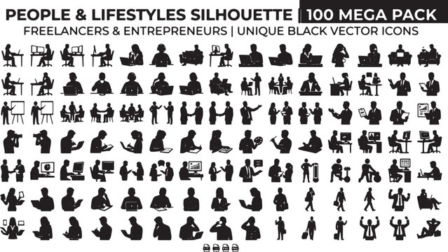 100 Mega Pack Black Vector Icons: People & Lifestyles Silhouette, Freelancers & Entrepreneurs, Unique Business Graphics