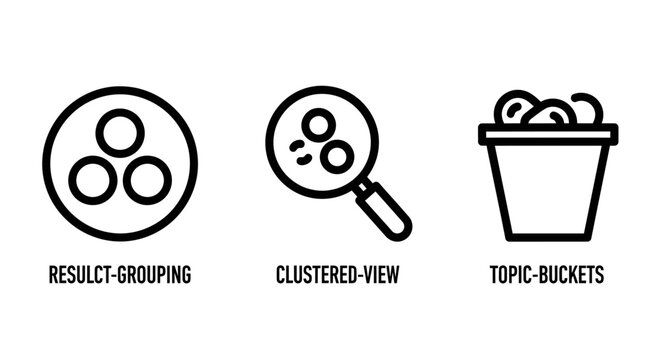 Data organization icons depicting result grouping clustered views and topic buckets for categorization with organization grouping categorization classification analysis management business