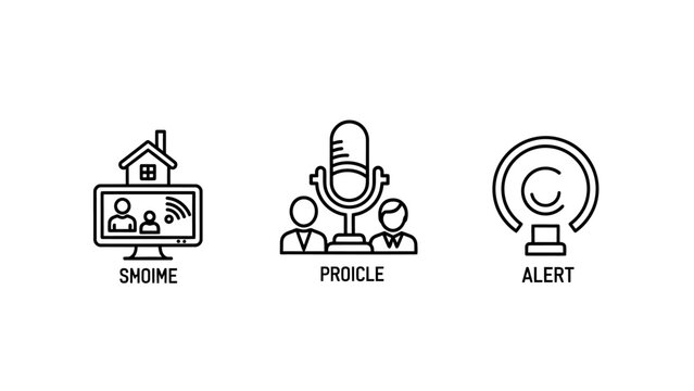 Professional icons depicting remote home office meeting audio podcast recording and alert notification microphone recording notification communication business technology conference broadcast