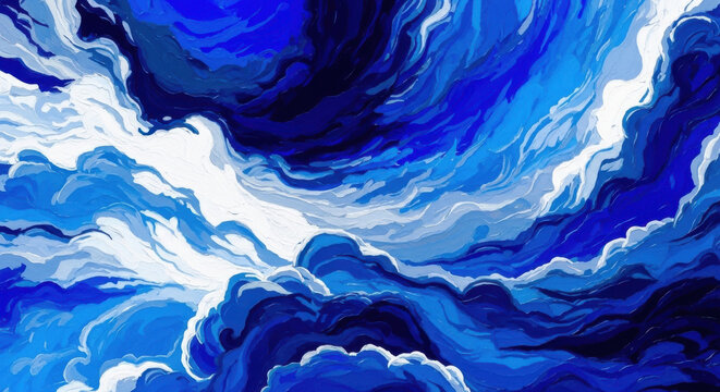 Abstract swirling ocean waves in vibrant blue and white with dynamic fluid motion