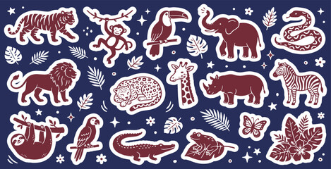 Fototapeta premium Jungle animals and tropical plants stickers set. Safari wildlife vector illustrations.