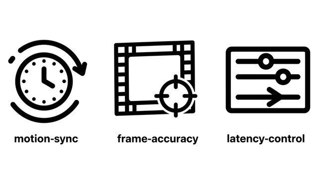 Technical interface icons representing motion sync frame accuracy and latency control with interface technical accuracy settings processing optimization precision software computing parameter